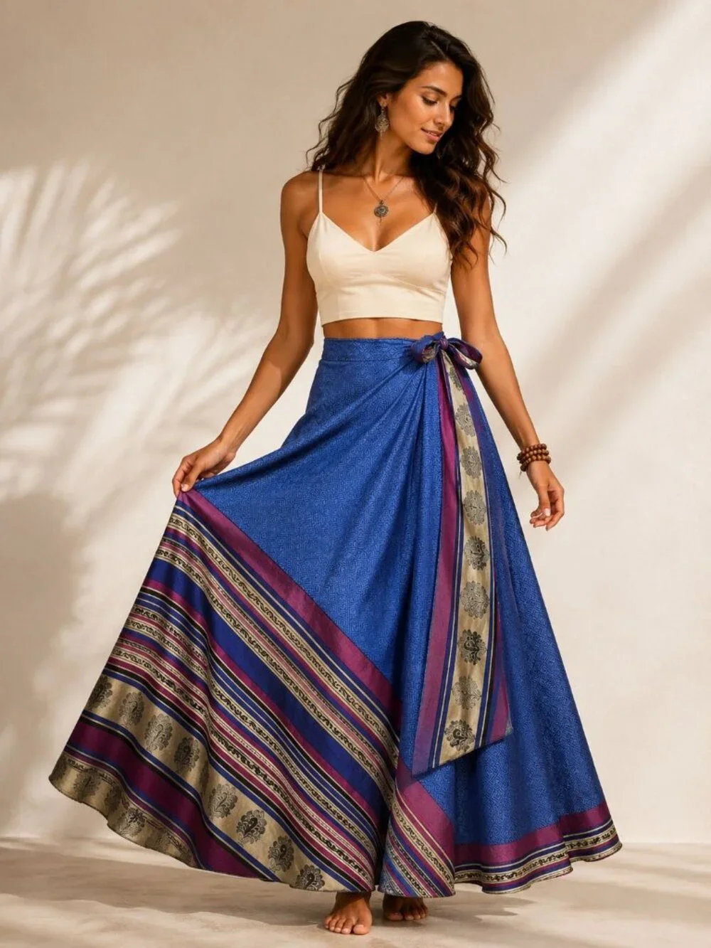 Reversible Sari Silk Magic Wrap Skirt Blue Boho Festival Hippie Maxi India OS